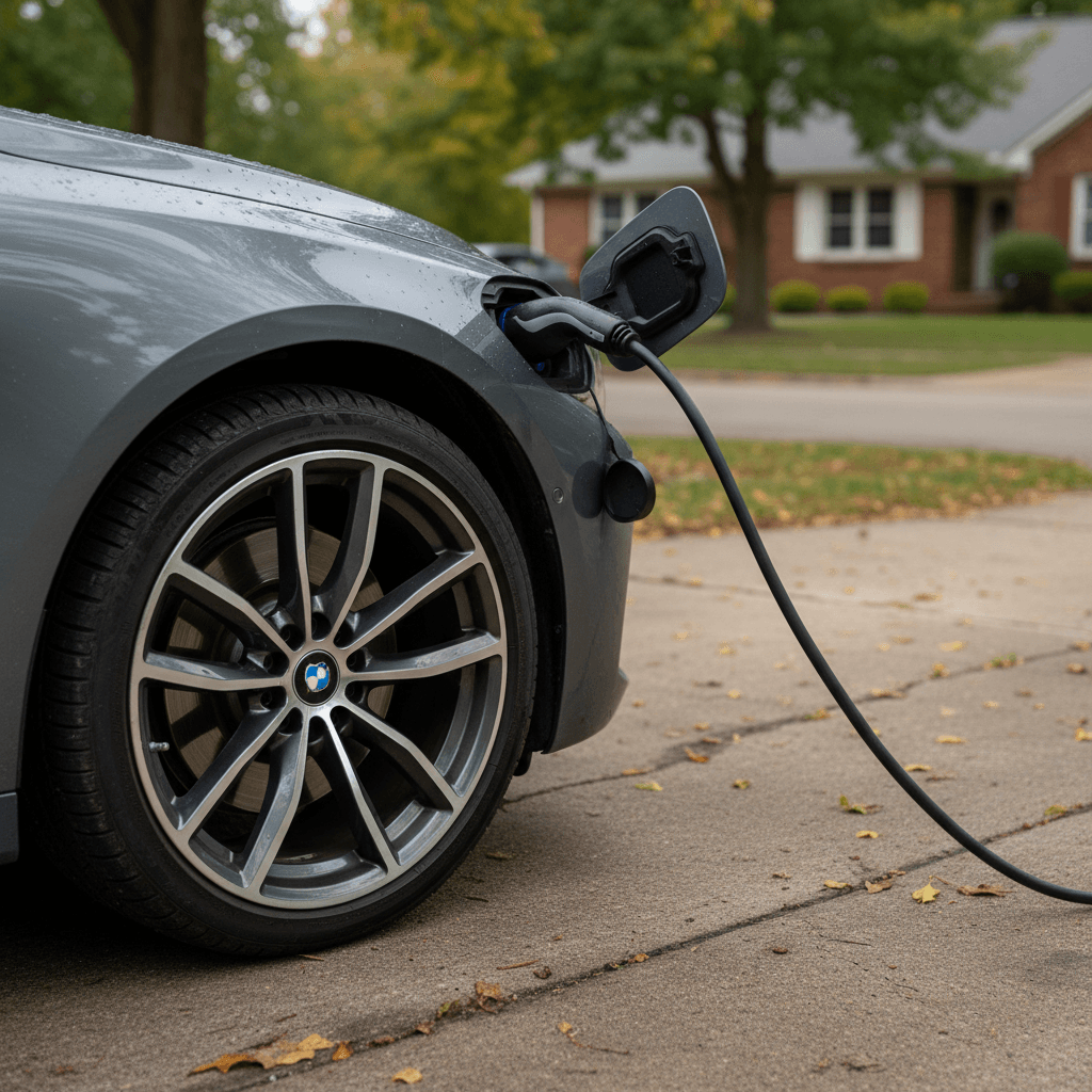 BMW i4 plugged into a home Level 2 charger, focused on the charge port and rear wheel