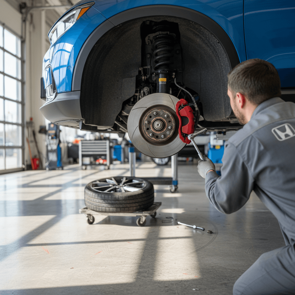 Technician rotating tires and inspecting brakes on a Honda Prologue in dealership service bay