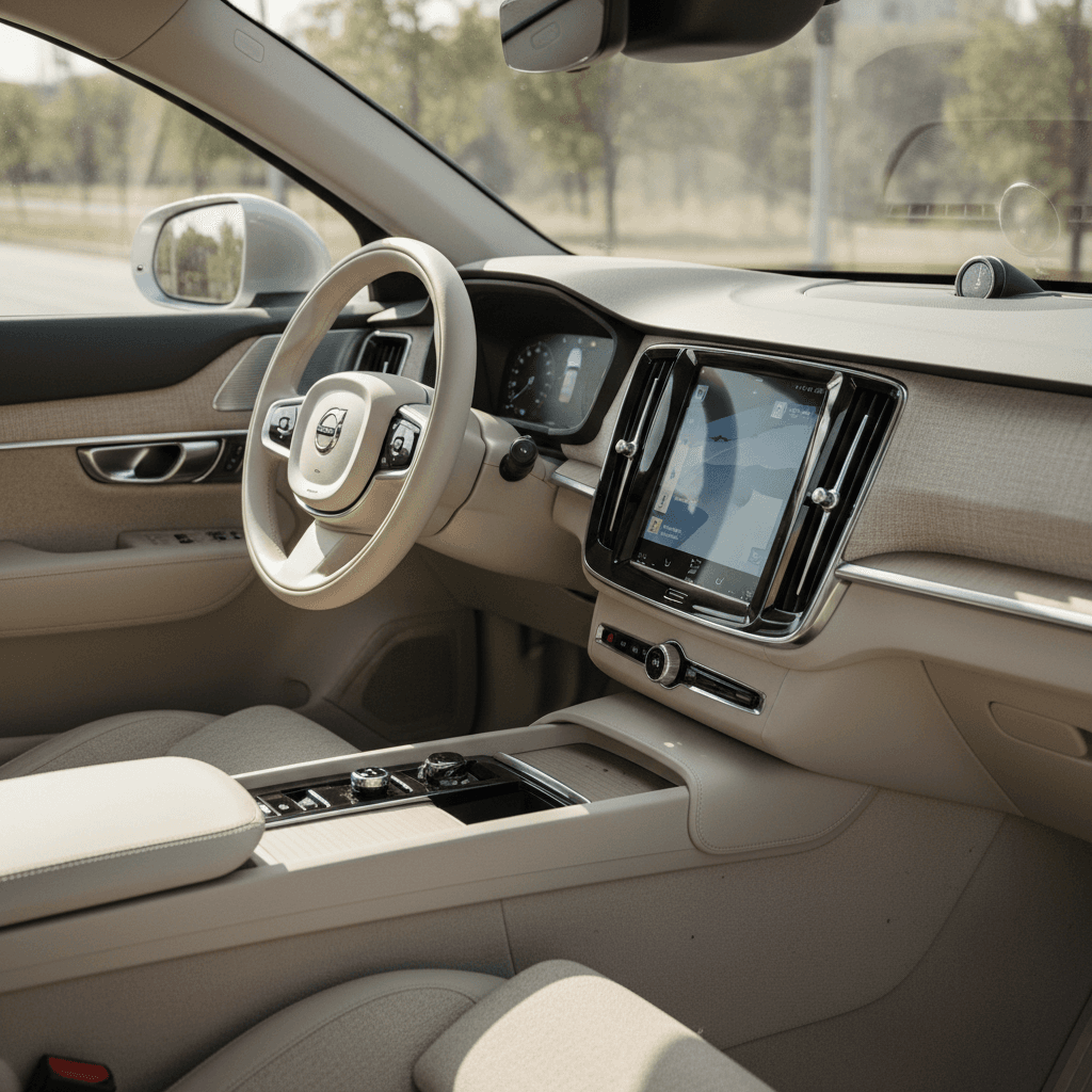 Minimalist interior of a 2025 Volvo EX90 with large central touchscreen and bright upholstery