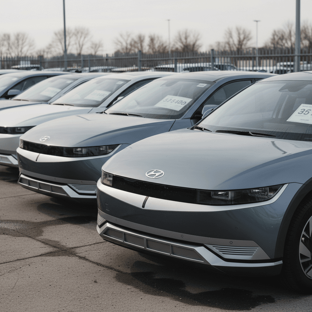 Row of used Hyundai Ioniq 5 SUVs on a dealer lot, emphasizing resale market for 3‑year‑old EVs