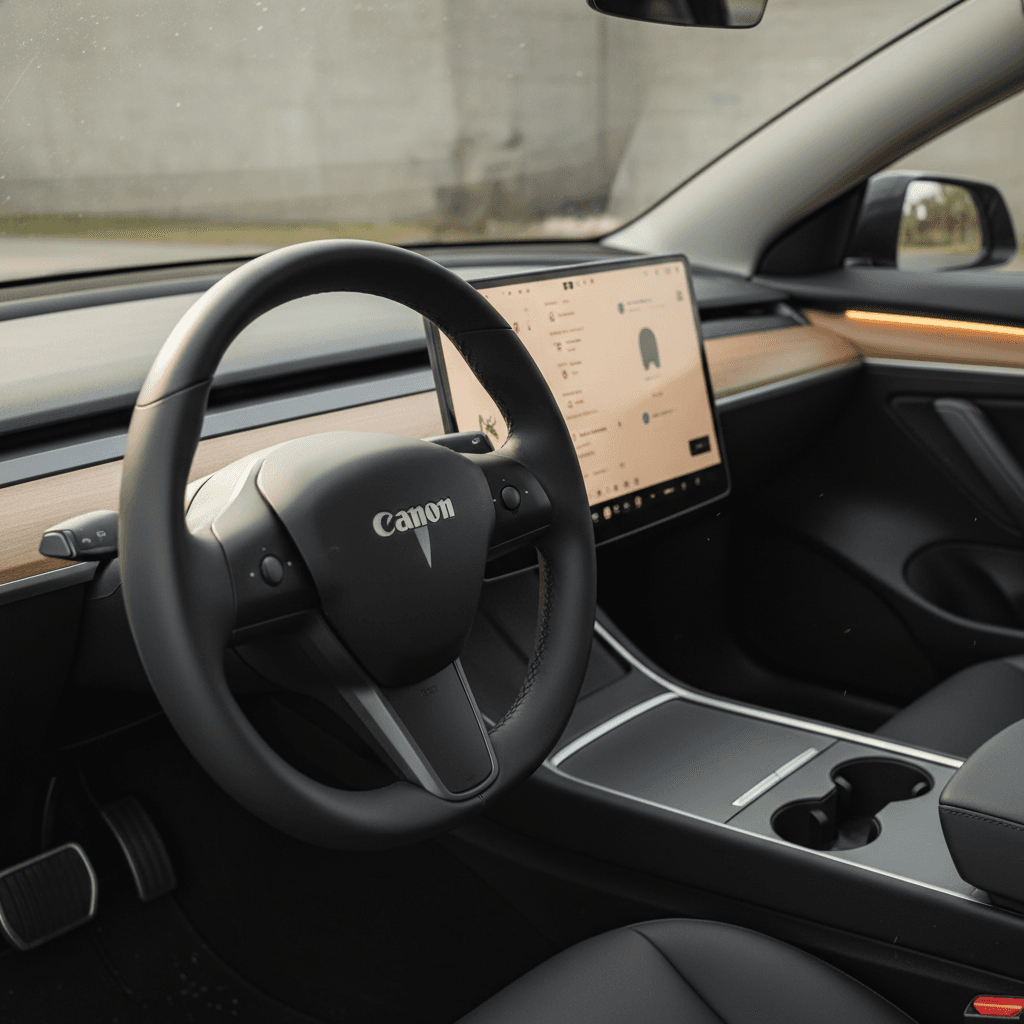Interior of a 2024 Tesla Model 3 Highland focusing on the minimalist dashboard and touchscreen controls