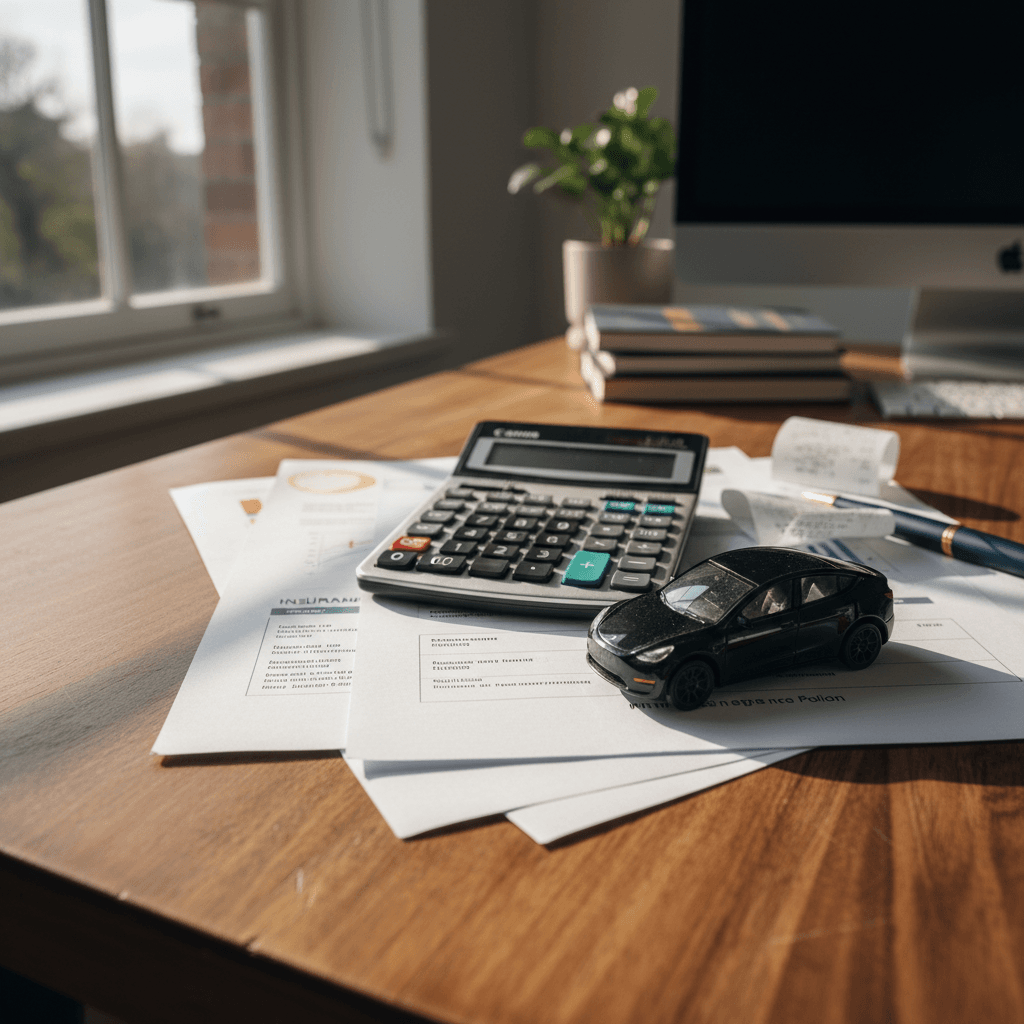 Insurance documents, calculator and a miniature Tesla Model Y on a desk