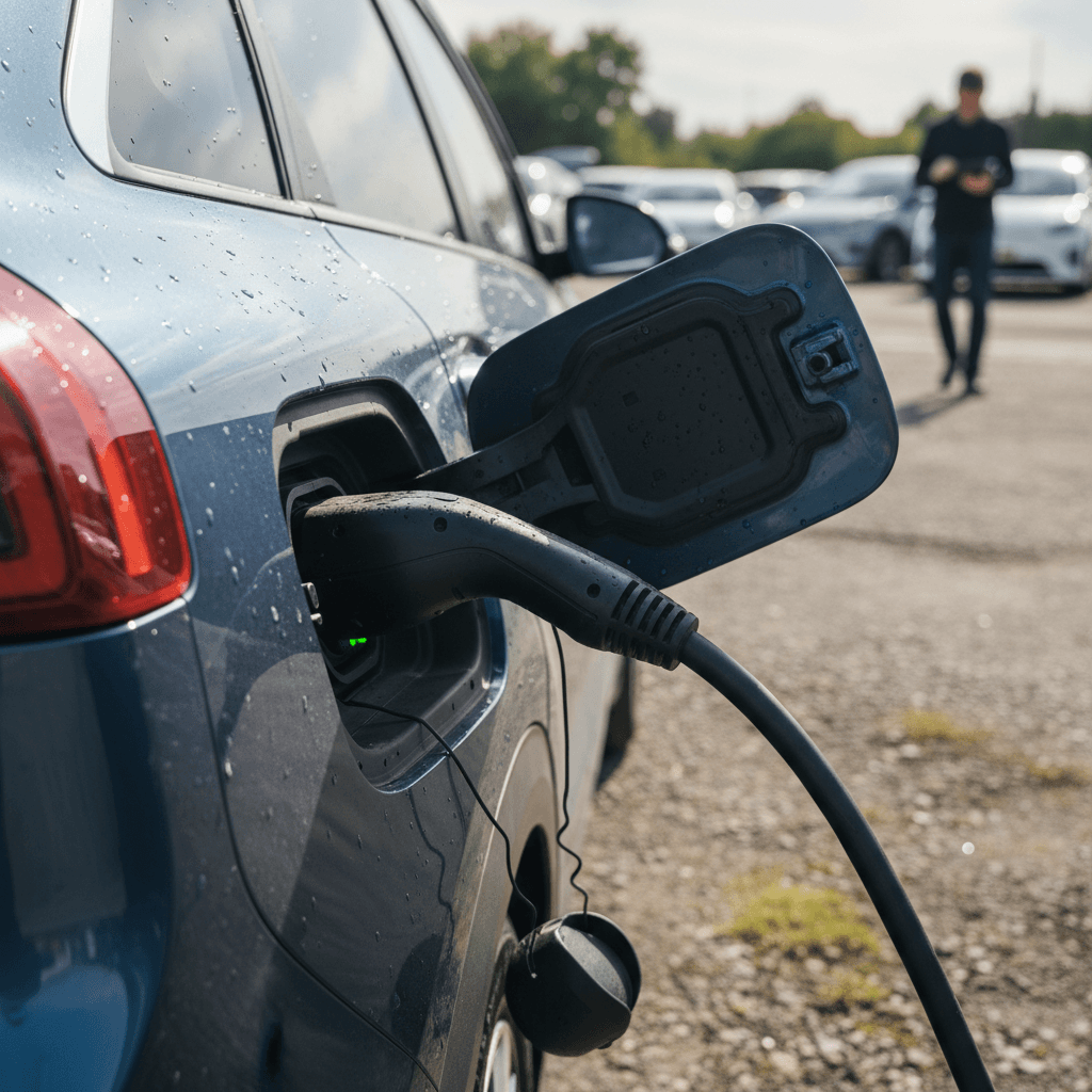 Young couple reviewing paperwork while buying a used car at a dealership