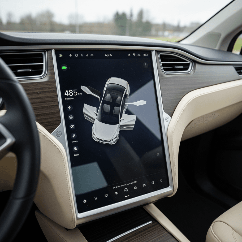 Tesla Model X interior with central touchscreen showing range and system status after cleaning and preparation