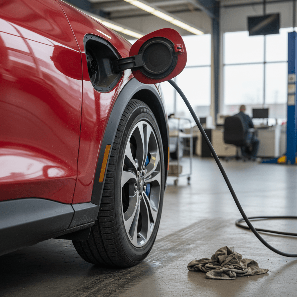 Technician inspecting the battery and wheels of a used 2023 Ford Mustang Mach-E at a dealership