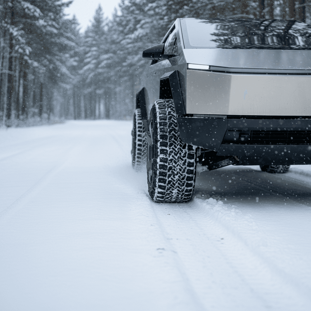 Tesla Cybertruck driving along a snowy back road, showing tire tracks and high ground clearance in winter conditions