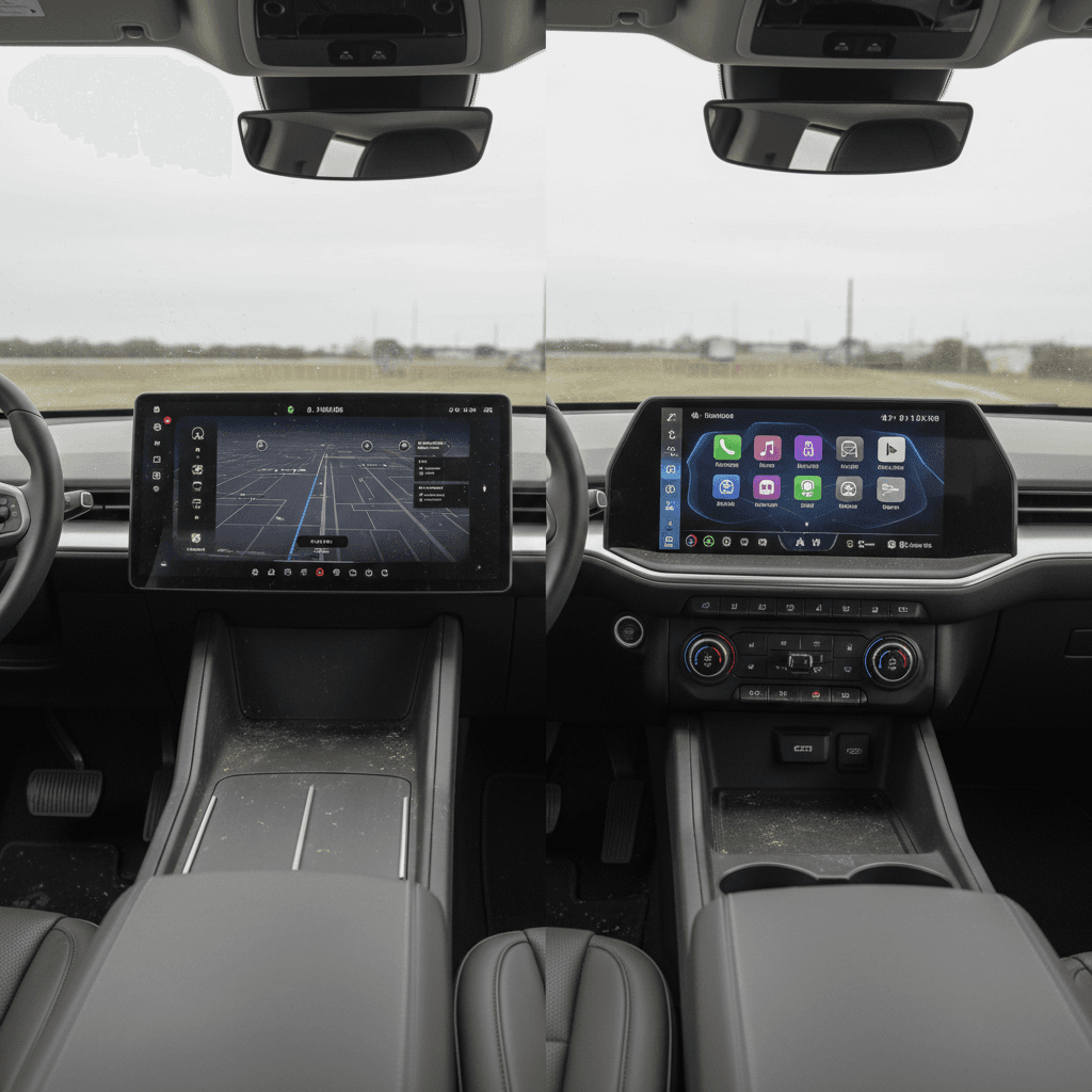 Side-by-side interiors of Tesla Cybertruck and Chevrolet Silverado EV highlighting large center touchscreens and modern controls