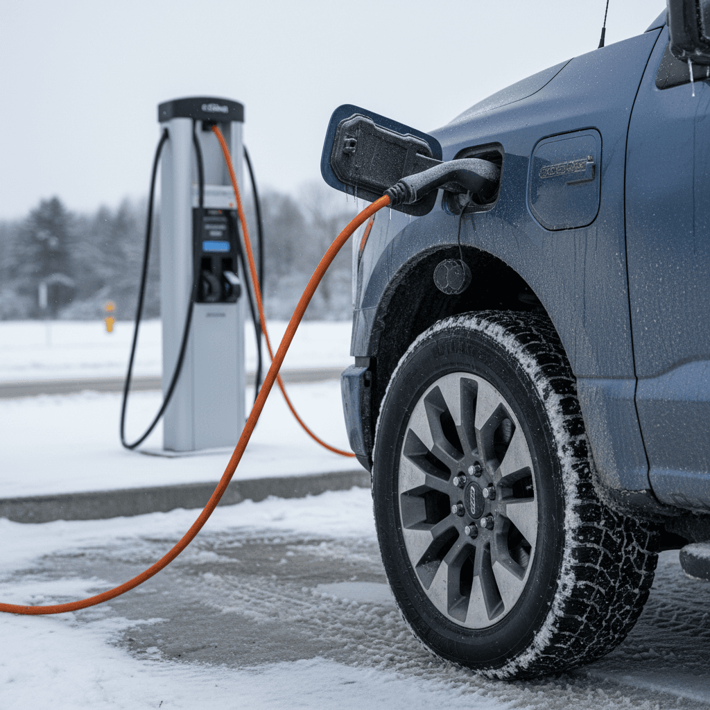 Ford F-150 Lightning plugged into a DC fast charger with snow on the ground, illustrating range and charging impacts in cold weather