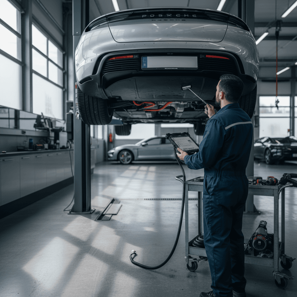 Technician inspecting a Porsche Taycan on a lift in a clean service bay, highlighting maintenance costs