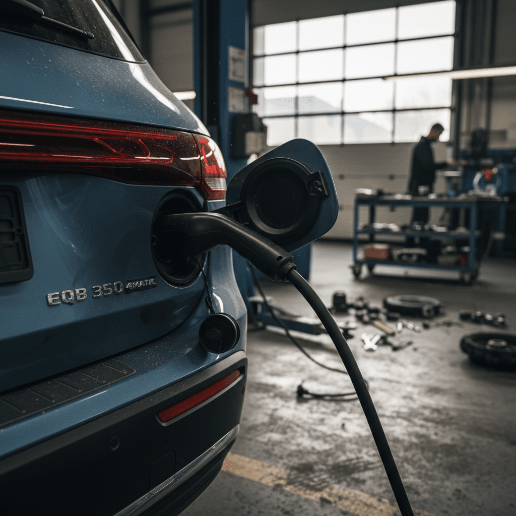 Mercedes EQB plugged into a Level 2 charger with open charge port at a service center
