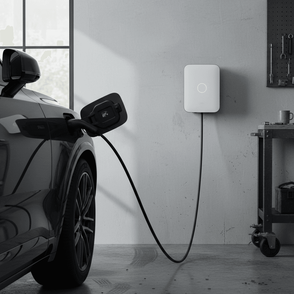 Volvo EX90 plugged into a wall-mounted Level 2 home charger inside a modern garage