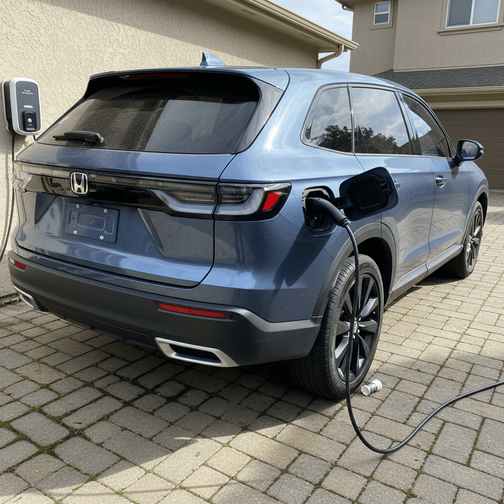 A 2026 Honda Prologue parked in a residential driveway plugged into a home charger, showing clean exterior and well-kept condition