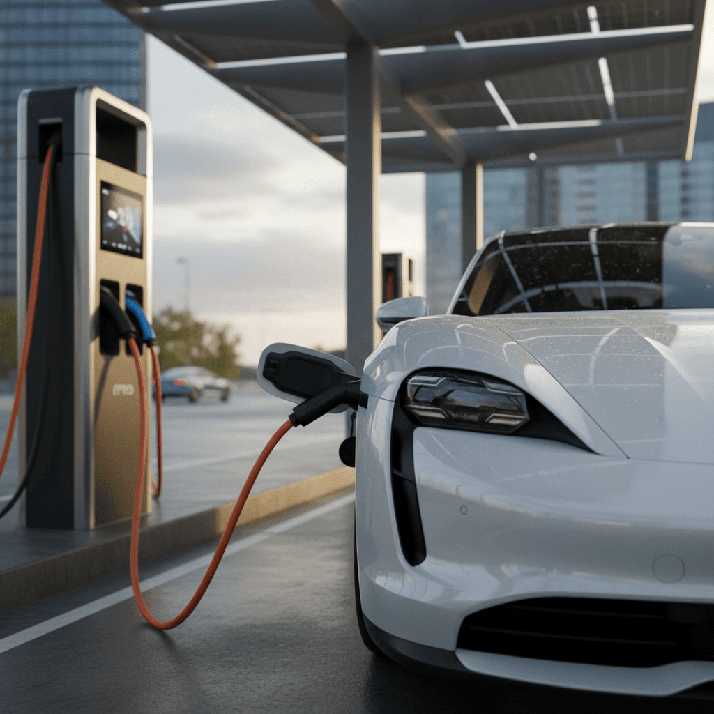 Technician inspecting a used Porsche Taycan on a lift, focusing on wheels and underbody