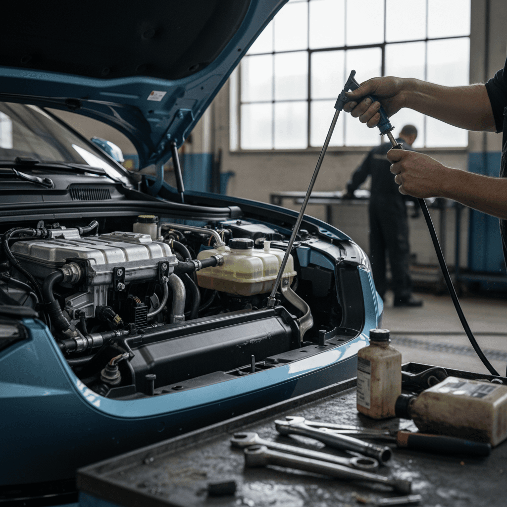 Technician working on the Polestar 2 cooling system in a modern EV service bay