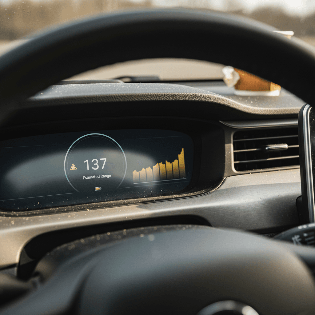 Driver view of a used electric car dashboard showing remaining battery range on the screen