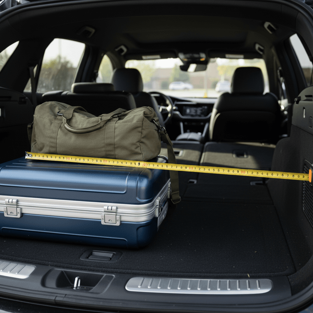 Measuring tape beside stacked luggage in the rear cargo area of a Cadillac Lyriq with seats folded flat