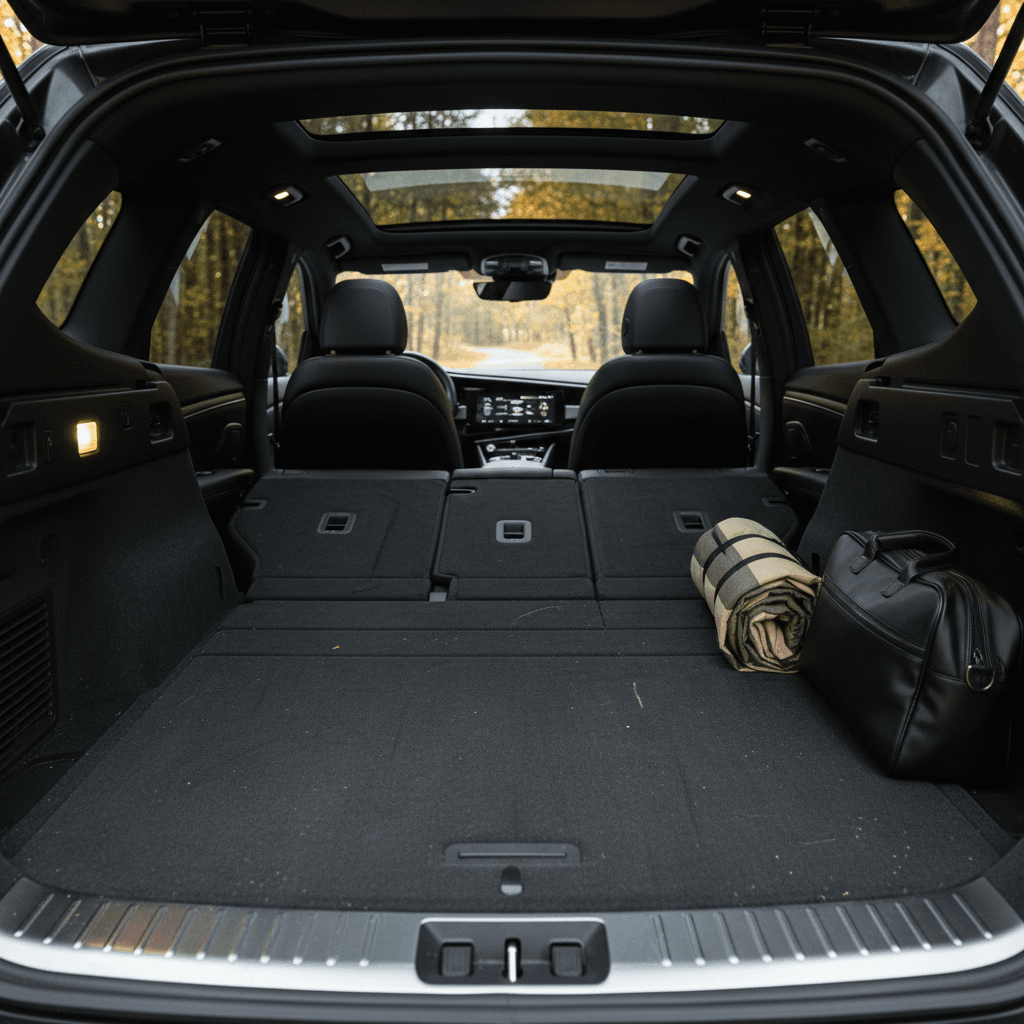 Genesis GV60 cargo area shown with rear seats folded flat to maximize luggage space