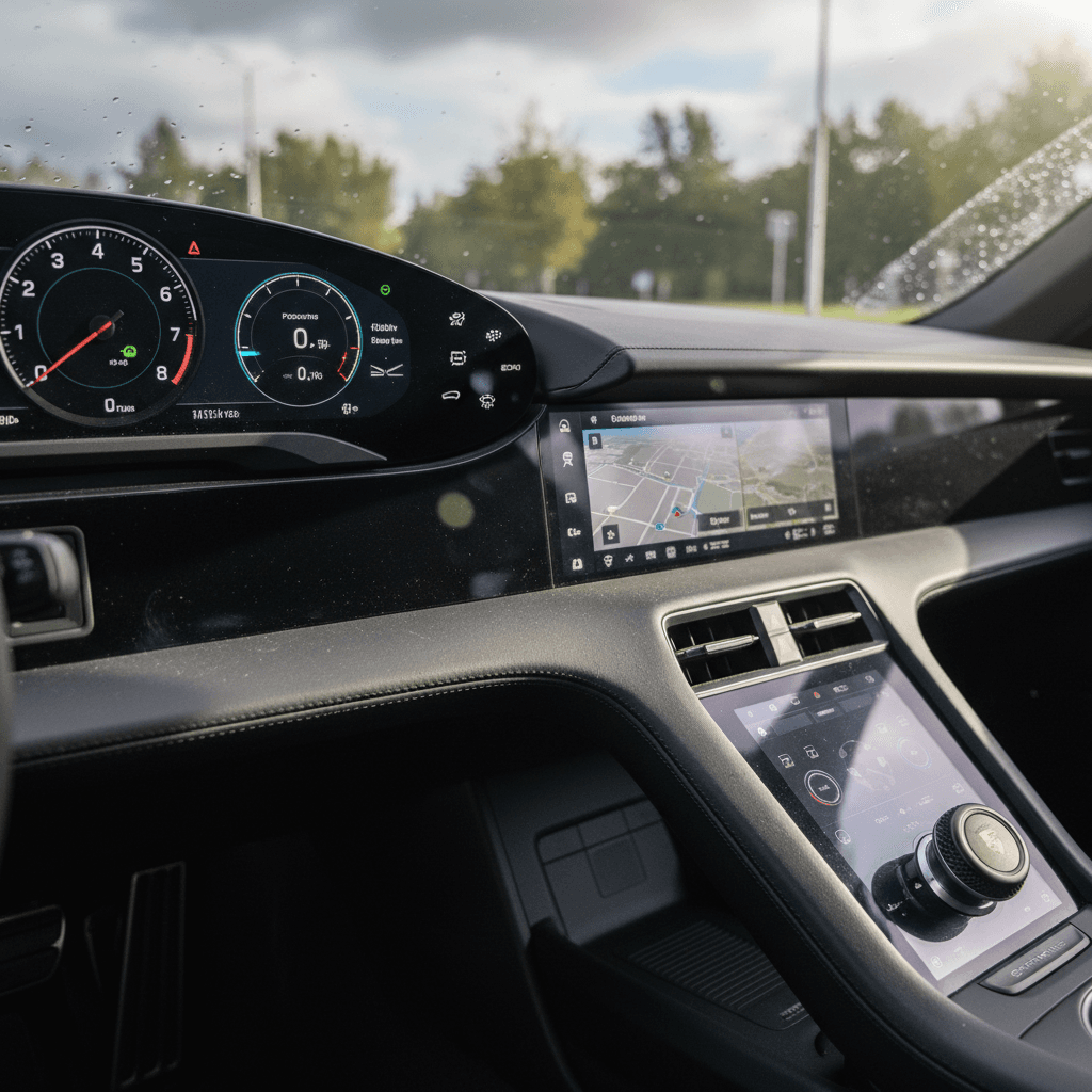 2023 Porsche Taycan cockpit with digital instrument cluster and center touchscreen showing drive modes