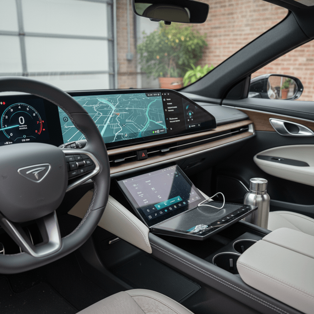 Lucid Air interior with dual screens and premium trim, highlighting potential areas for squeaks and electronic issues