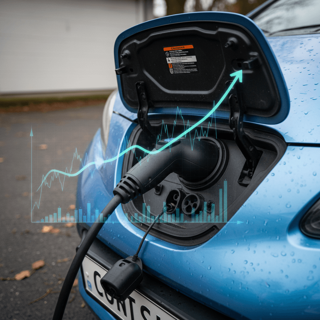 Nissan Leaf plugged into a home charger while a simple cost-per-mile chart is shown in the foreground