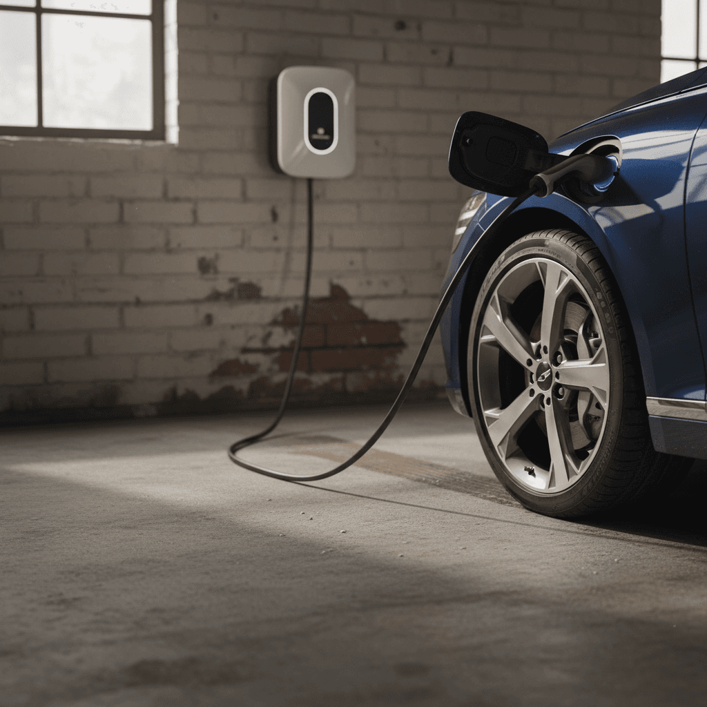 Genesis G80 Electrified plugged into a home Level 2 charger, highlighting charge port and stylish wheel design