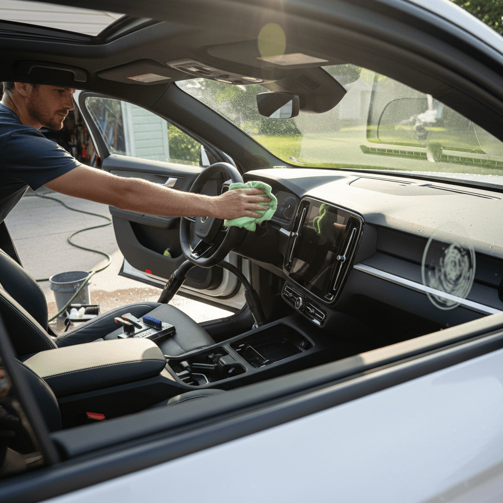 Owner cleaning the exterior and interior of a white Polestar 3 electric SUV in a driveway before selling it
