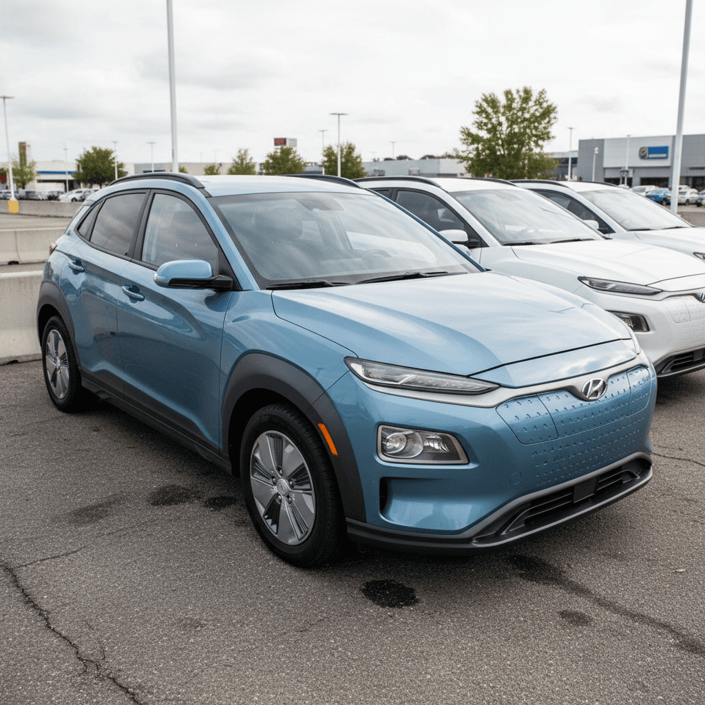 Row of used Hyundai Kona Electric SUVs parked on a dealer lot, illustrating different colors and trims