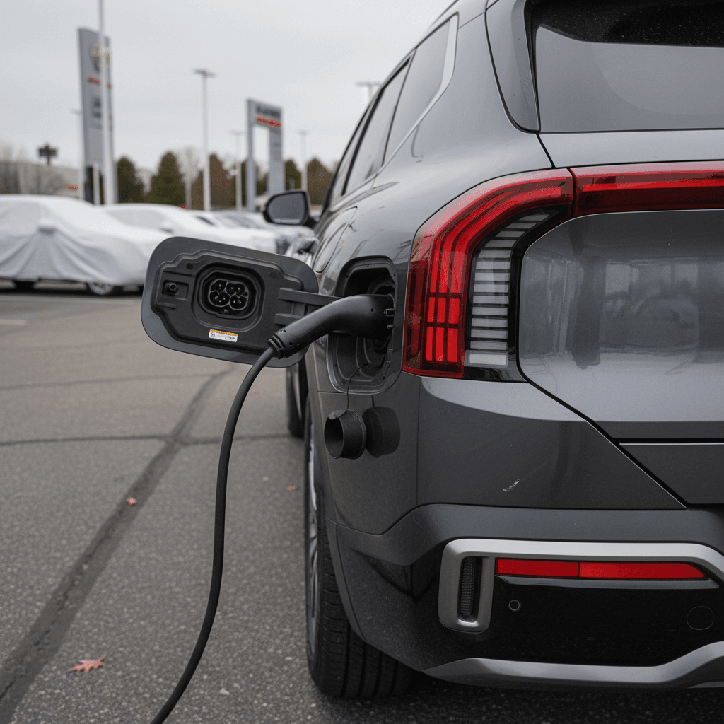 Kia EV9 plugged in at a public charging station, viewed from the rear three-quarter angle