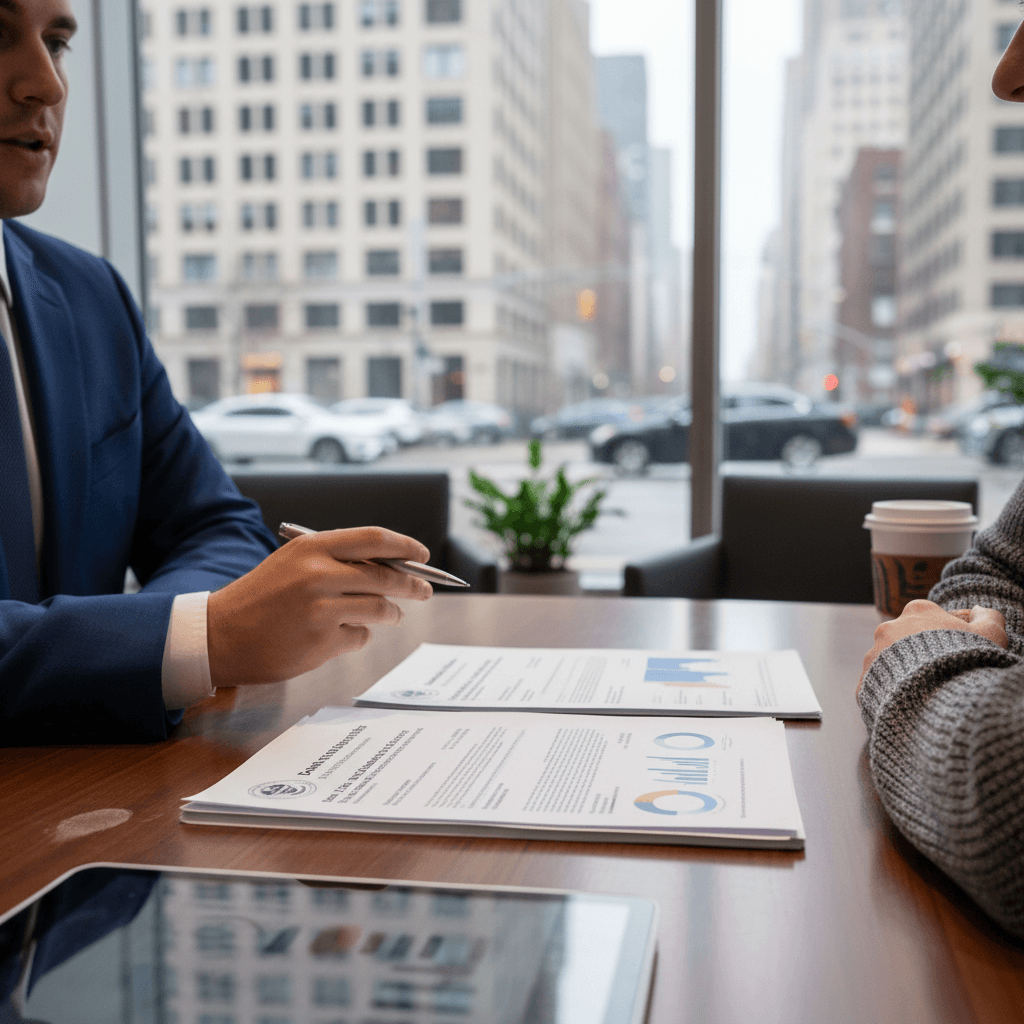 Customer at a New York dealership reviewing EV tax credit and rebate paperwork with a salesperson