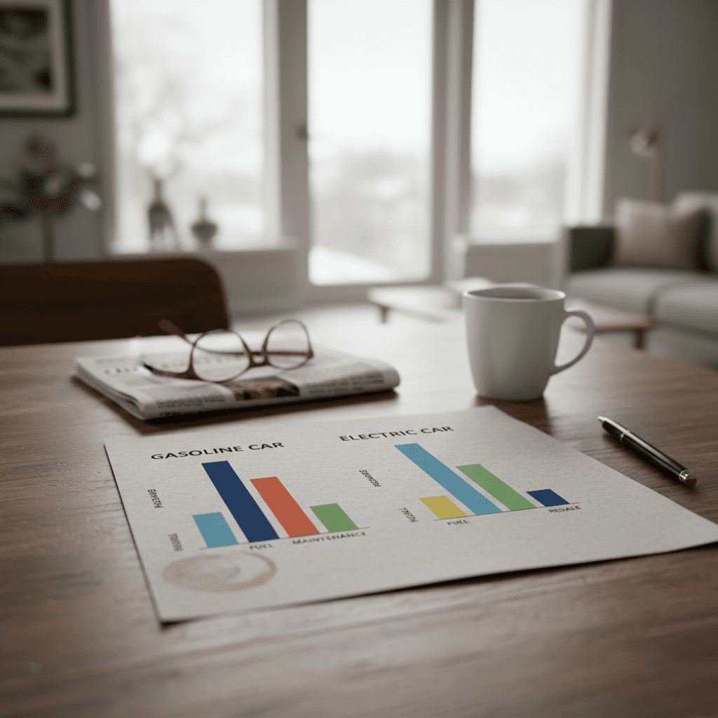 Side by side bar chart comparing 5 year total costs for a gasoline car versus an electric car including purchase fuel maintenance and resale value