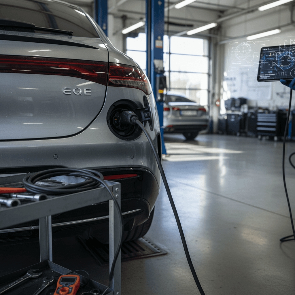 Mercedes EQE electric SUV in a dealership service bay with technician inspecting battery and recall paperwork