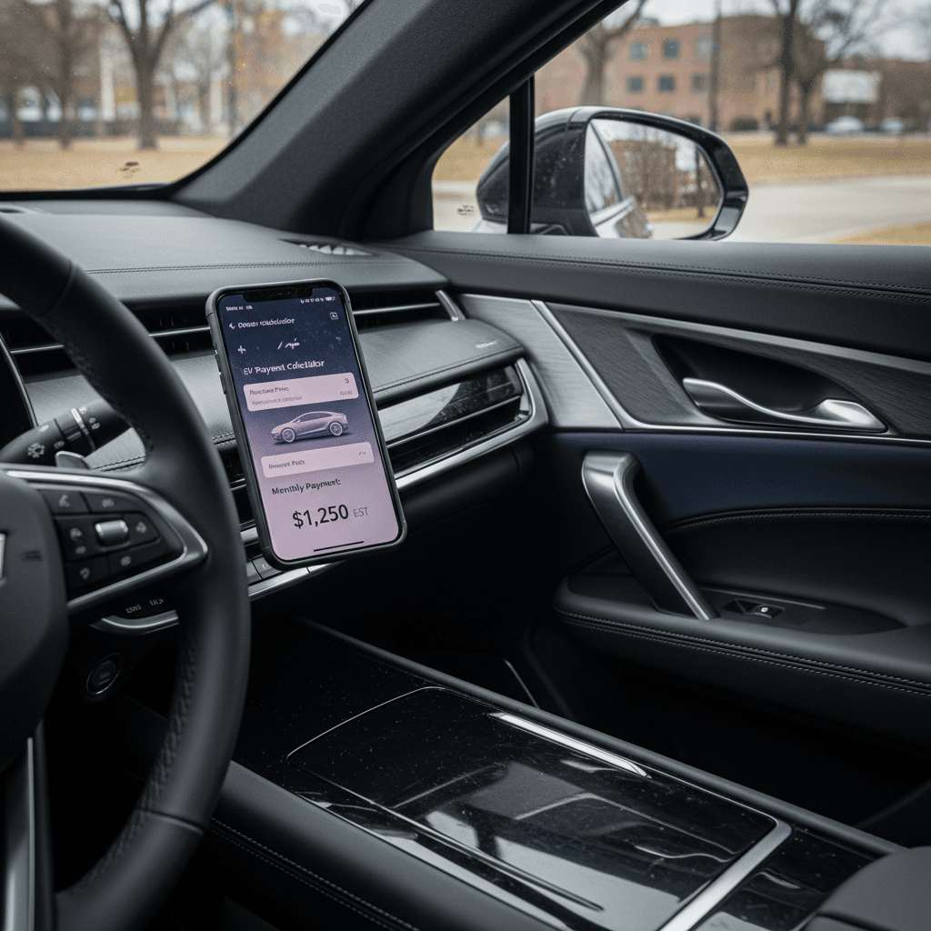 Driver standing next to a Cadillac Lyriq while checking an EV payment calculator on a smartphone