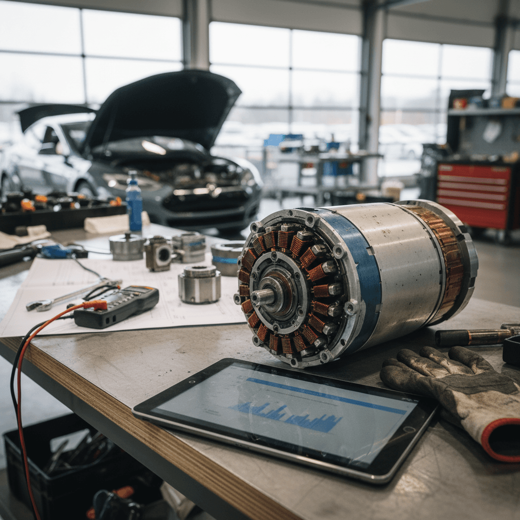 Underbody view showing a Tesla electric motor and drive unit mounted between the rear wheels
