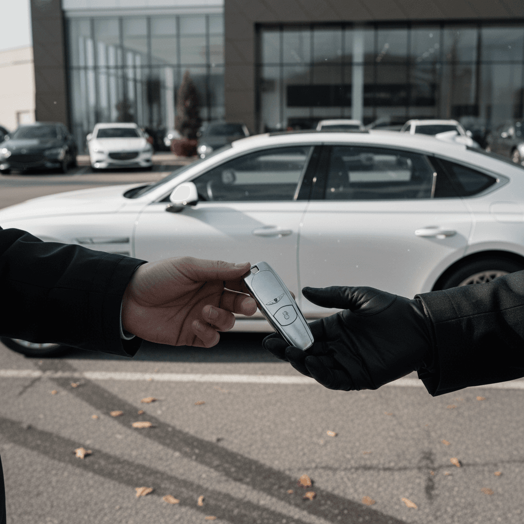 Seller and buyer shaking hands next to a Genesis Electrified G80 at a dealership lot