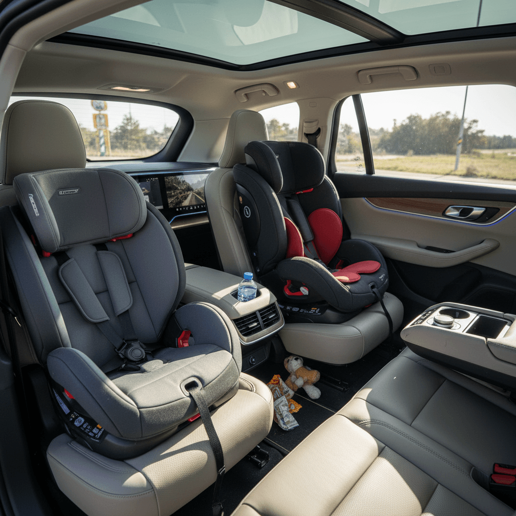 Three-row electric SUV interior with multiple child seats installed across the second and third rows