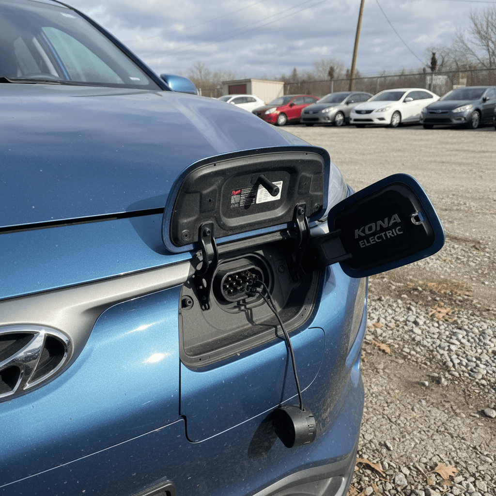Used Hyundai Kona Electric parked at a charging station, highlighting its resale value potential in 2026