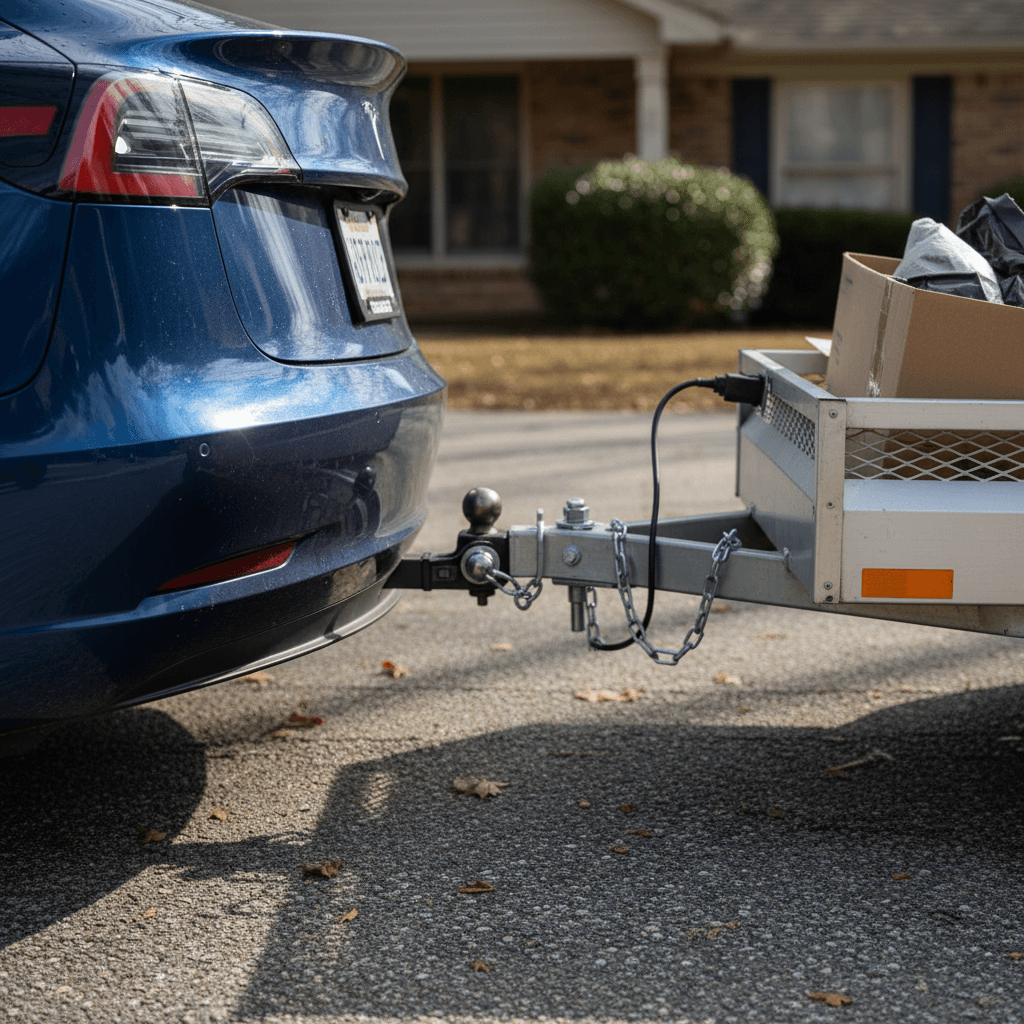 Tesla Model 3 with a small utility trailer attached to the factory tow hitch in a residential driveway