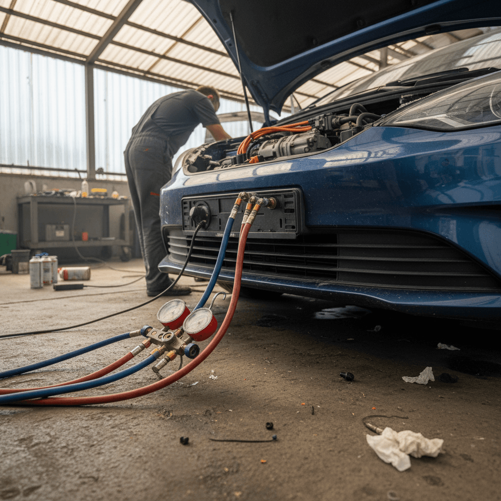 Driver in a hot car adjusting the AC controls on the dashboard