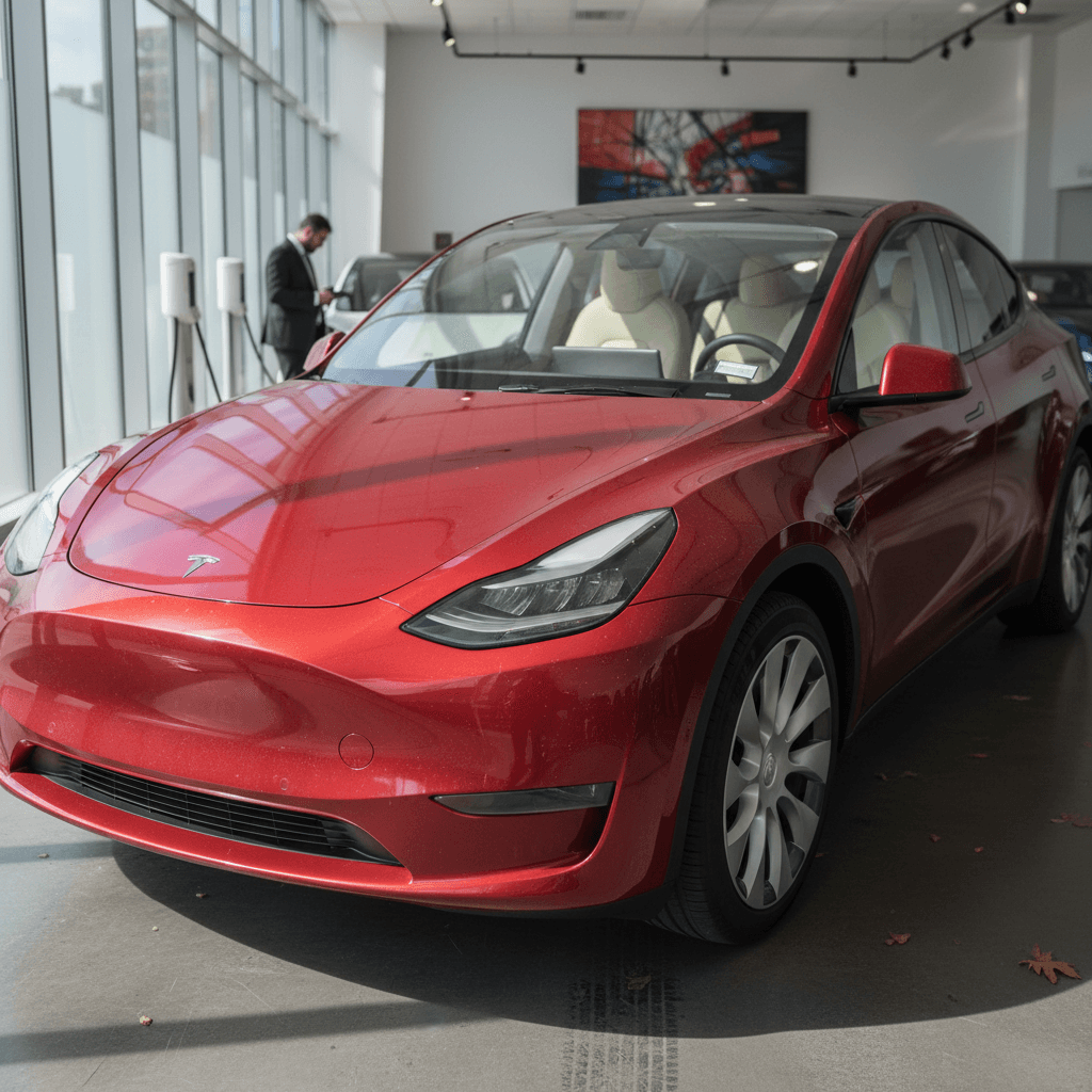 Used 2024 Tesla Model Y parked in a studio space showing its electric SUV proportions