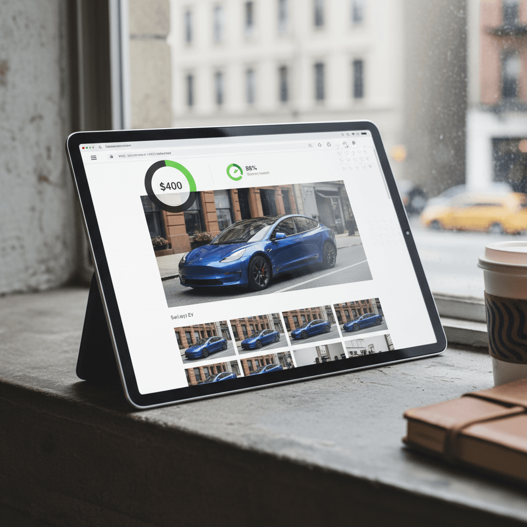 Online listing for a used electric car showing price, battery health score, mileage, and photos on a laptop screen