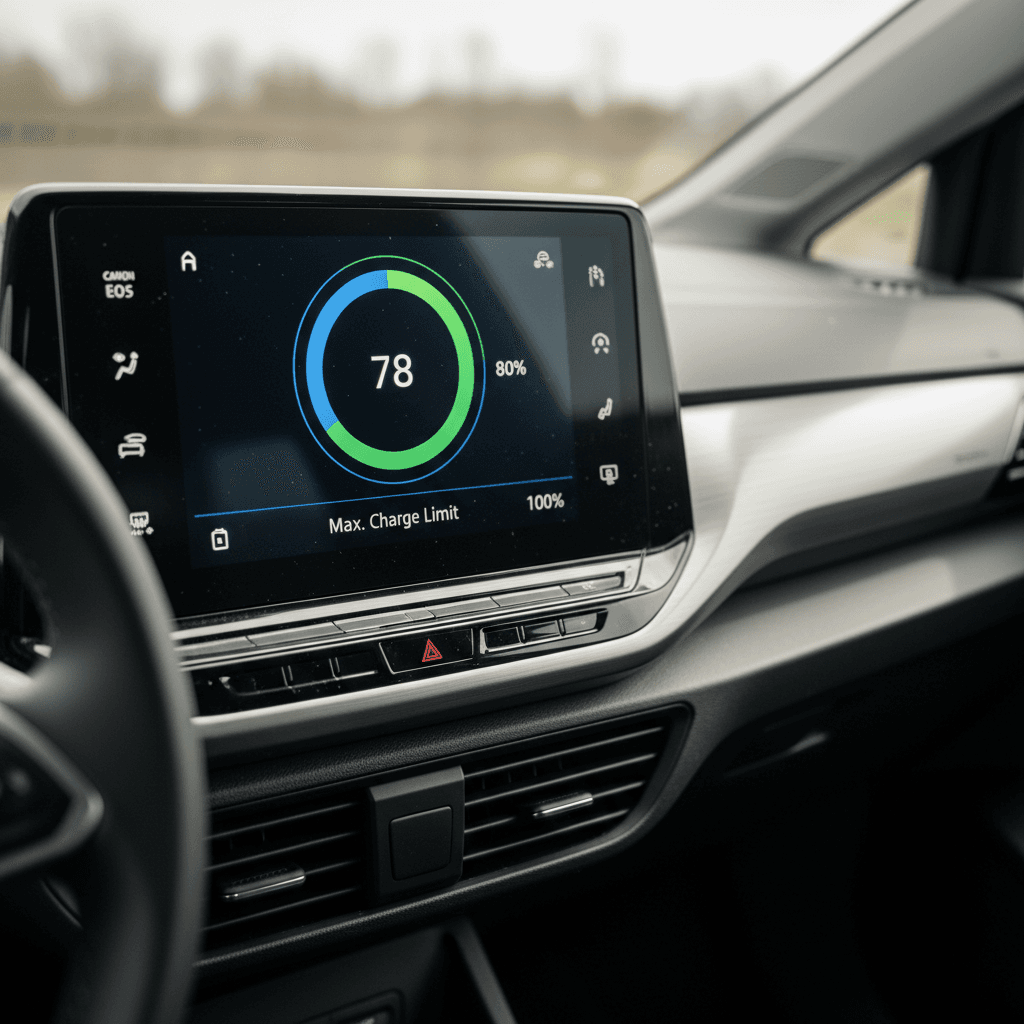 Volkswagen ID.4 charging screen showing state of charge and charge limit options at a public fast charger