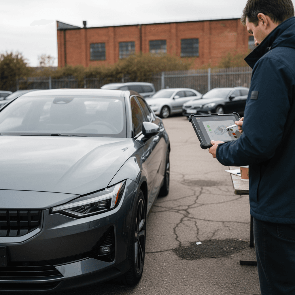 Appraiser with tablet inspecting a 2023 Polestar 2 at a used EV dealership