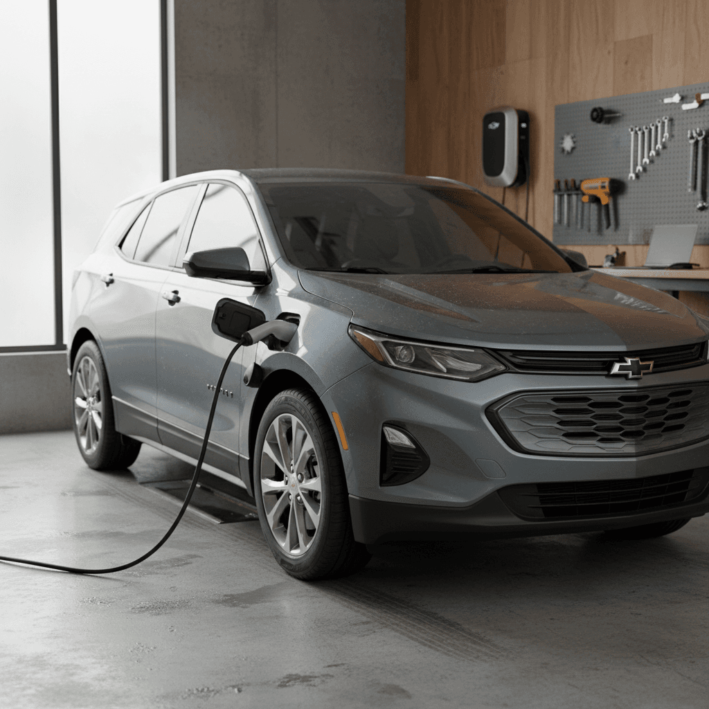 2026 Chevrolet Equinox EV charging on a Level 2 home wallbox in a modern two-car garage