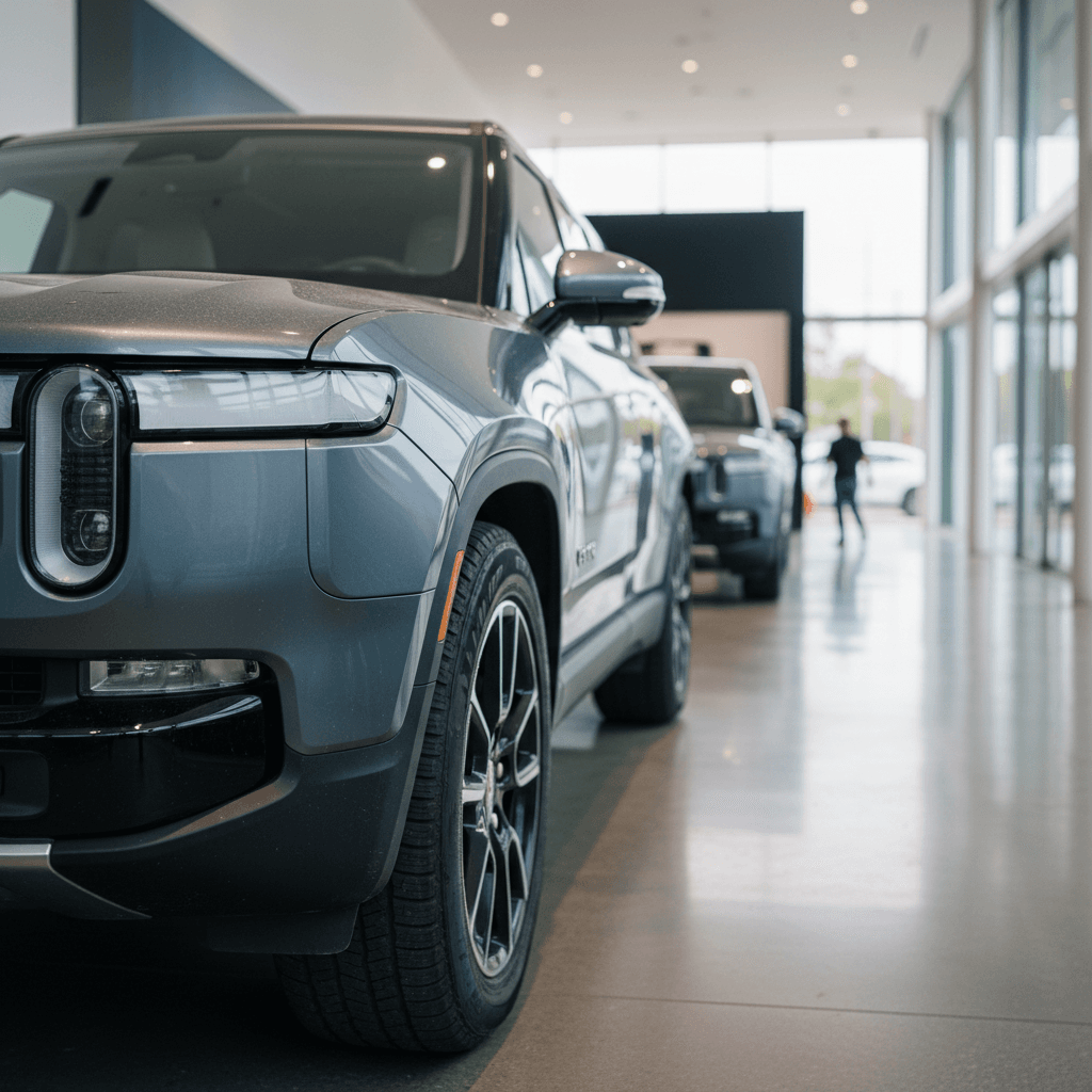 Used 2023 Rivian R1S in a showroom setting highlighting bodywork, wheels, and stance