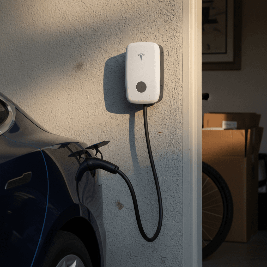 Tesla Wall Connector and cable mounted on a garage wall where a Model S is parked for charging