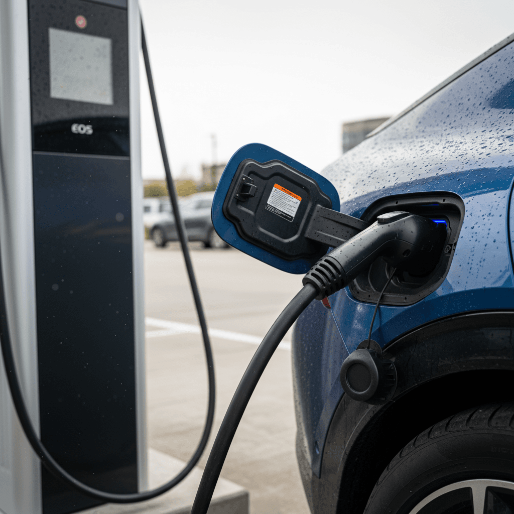 Detail of a 2026 Kia EV6 plugged into a public DC fast charger, showing the charge port and cable connection