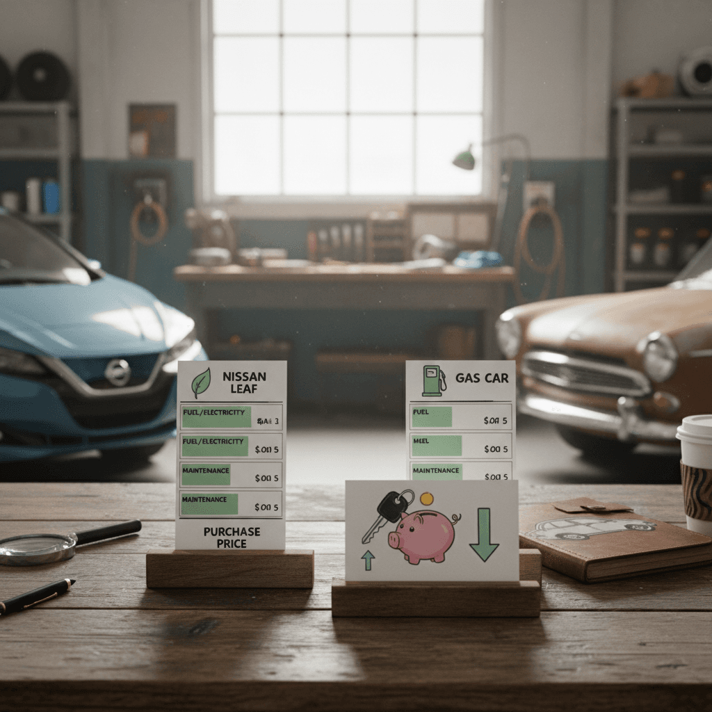 Side-by-side comparison graphic of Nissan Leaf five-year ownership costs versus a similar compact gas car