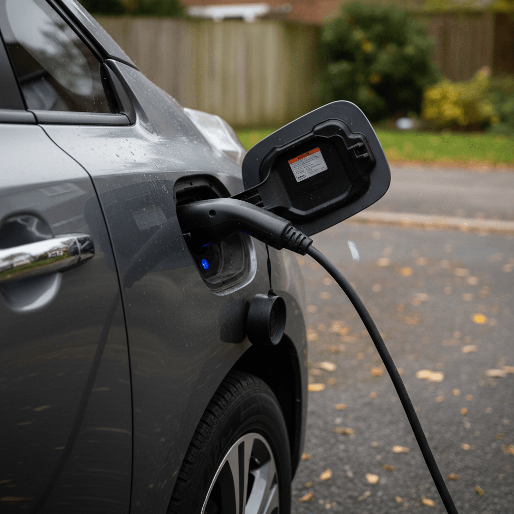 Row of used electric cars parked on a dealership lot