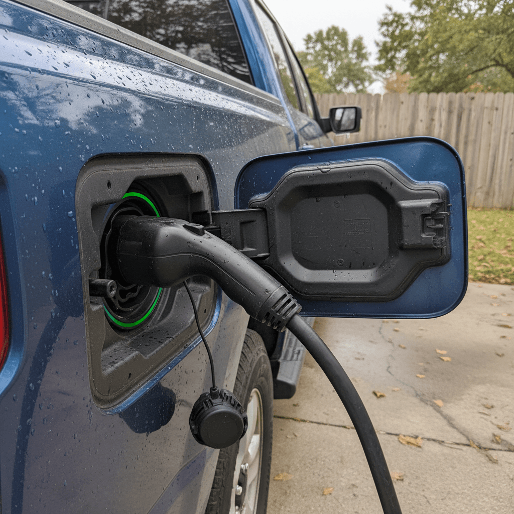 A Ford F-150 Lightning electric pickup truck driving on a road