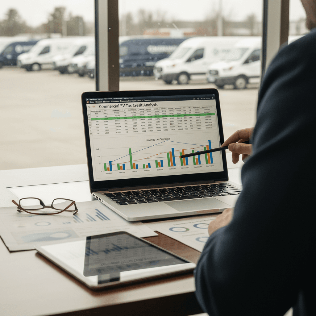 Finance and fleet managers reviewing charts and laptop projections of commercial EV costs and incentives in 2026